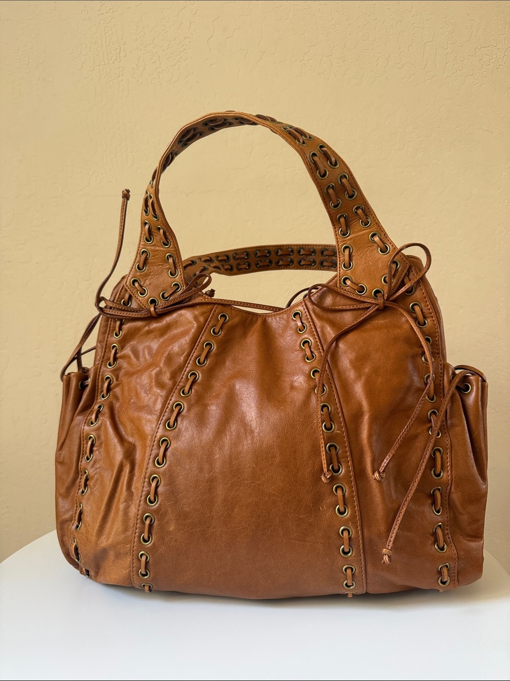 Kooba Marcelle Tan Leather Shoulder Bag with Eyelet Detailing